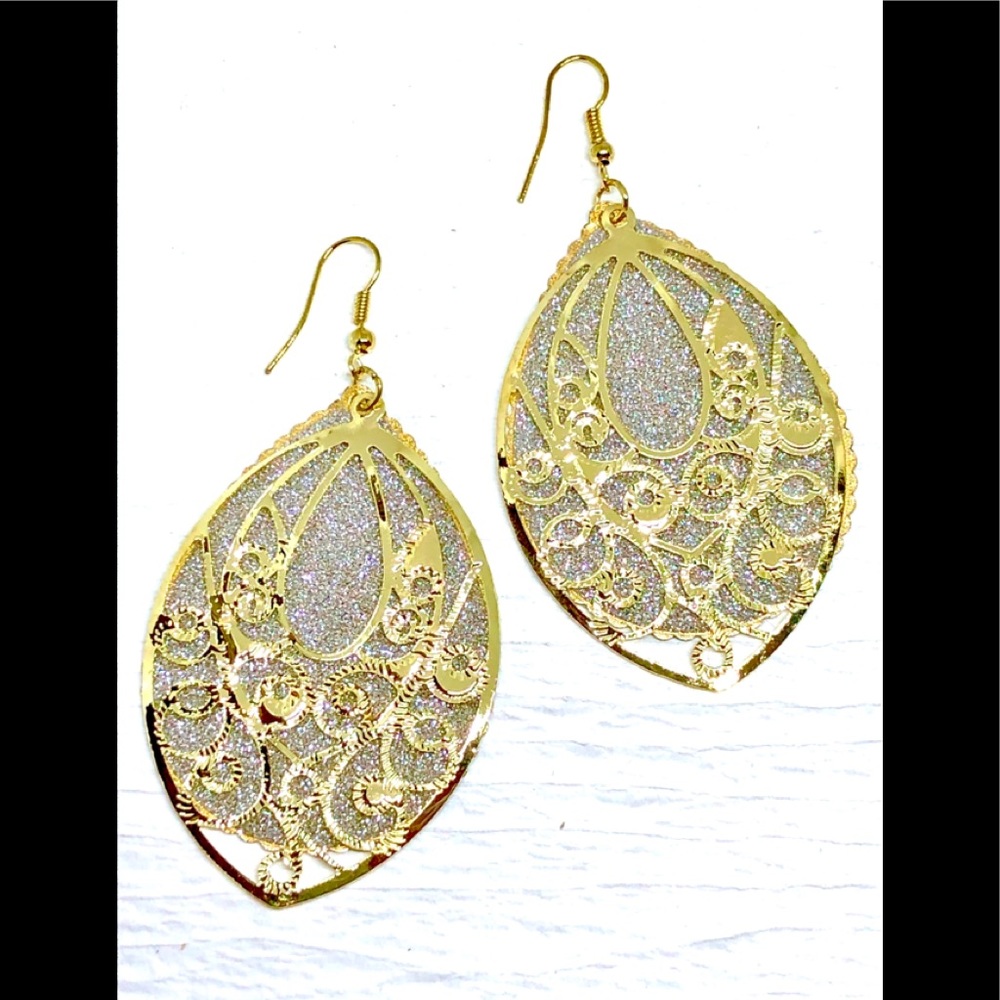 Gold Filigree Silver Stardust Glitter Drop Earring